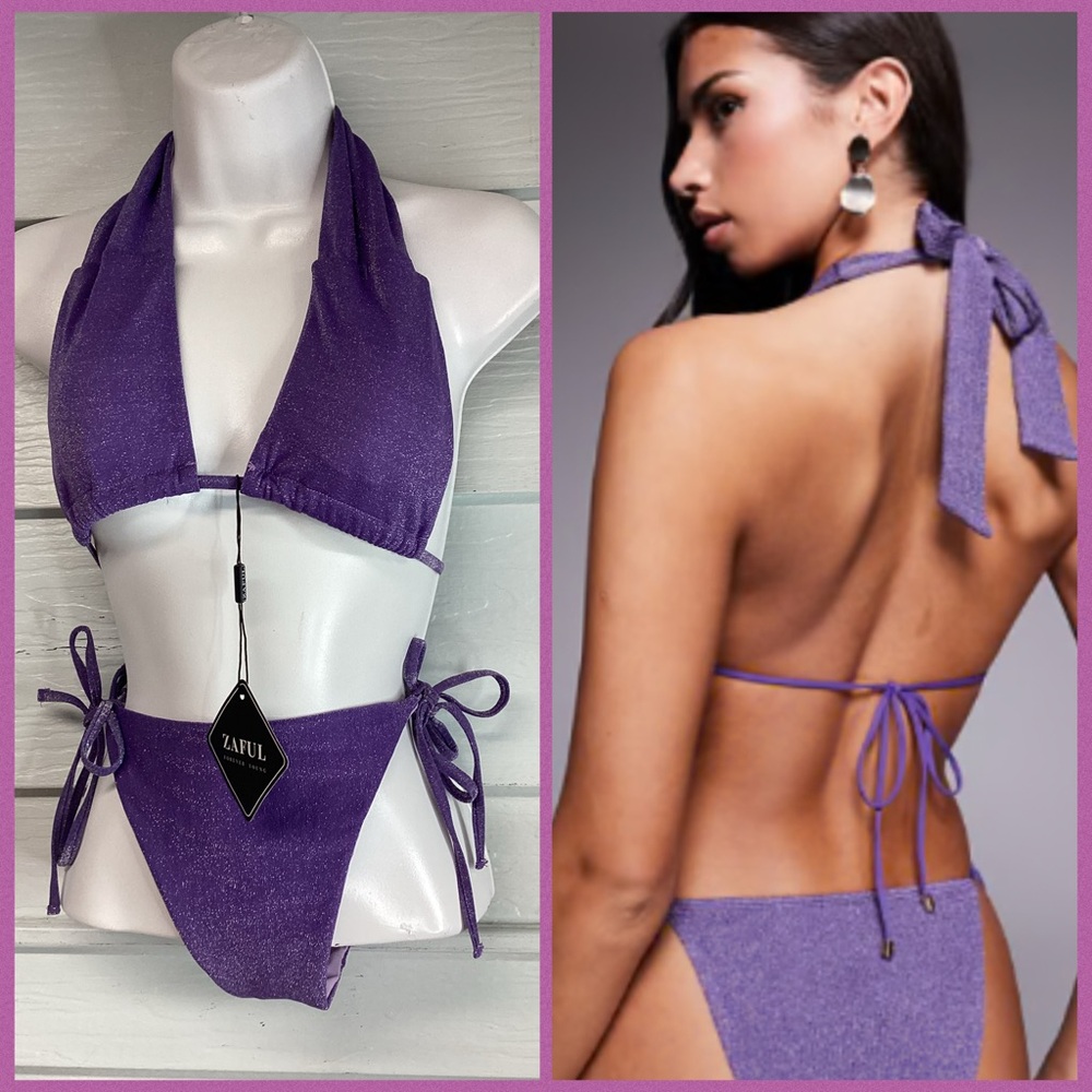 Purple Halter Tie-Back Bikini Top and High-Cut Bottoms.48 - Picture 5 of 6